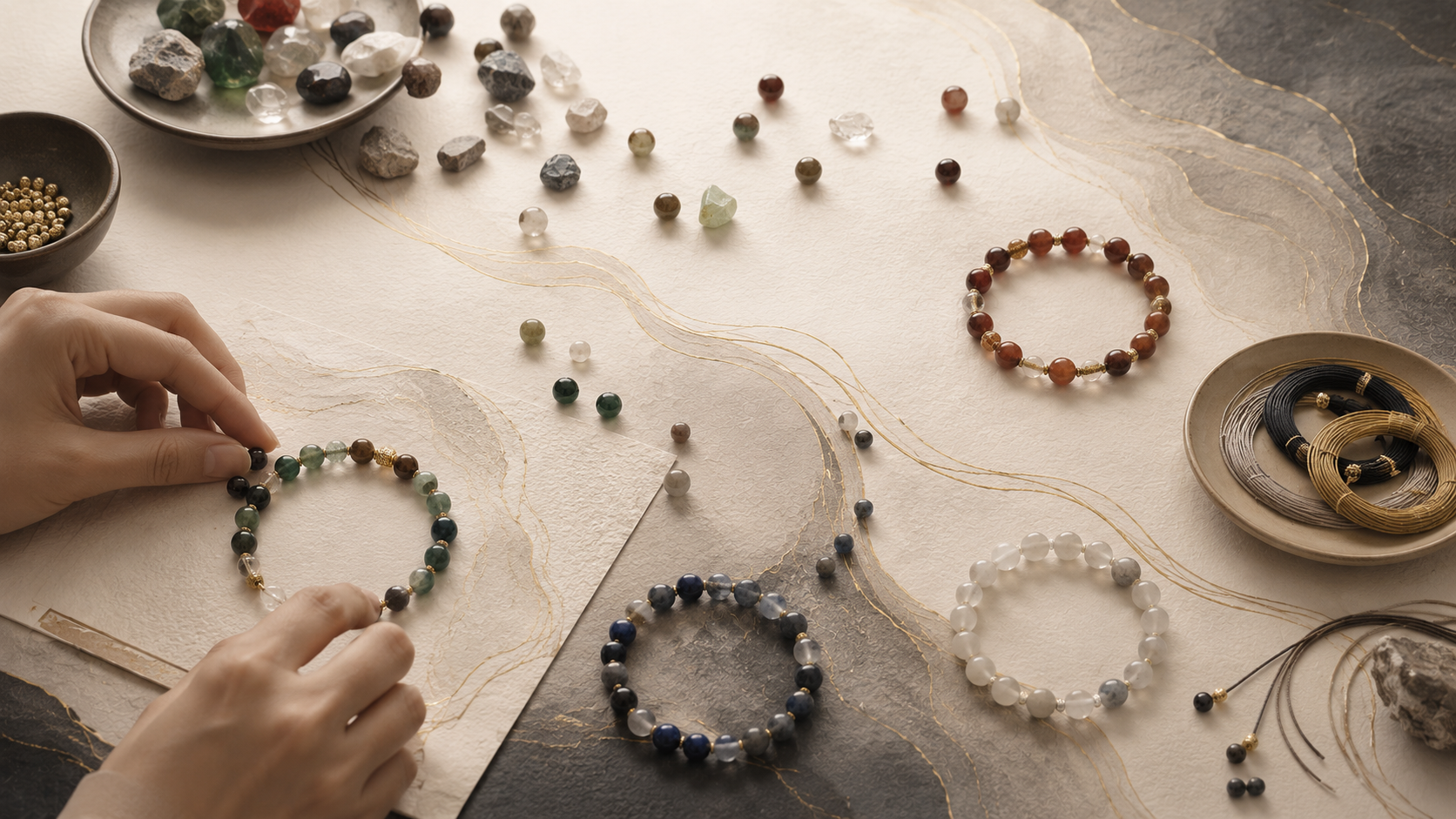Bracelet design workspace with natural materials