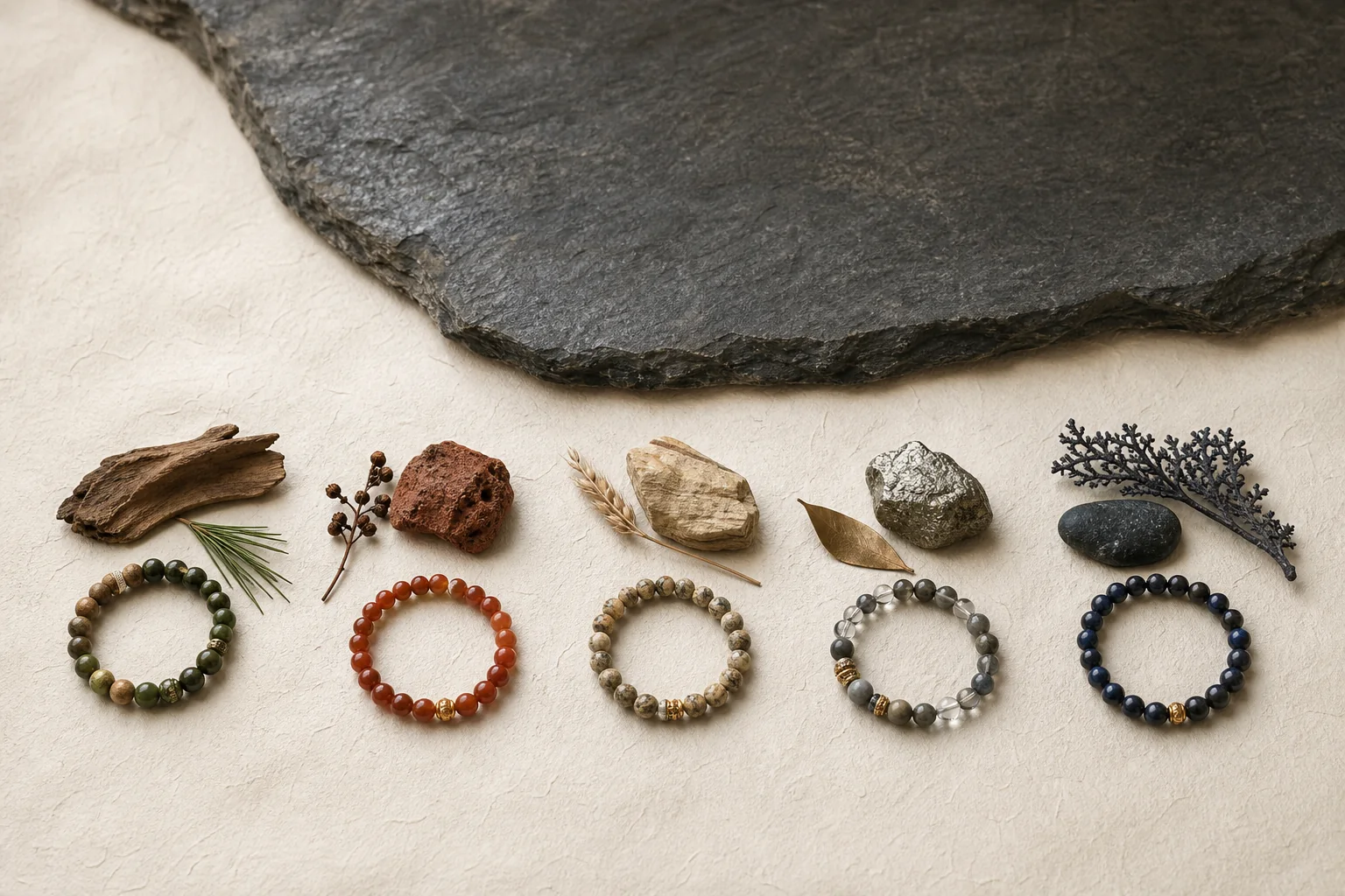 Five bracelet arrangements representing Wood, Fire, Earth, Metal, and Water.