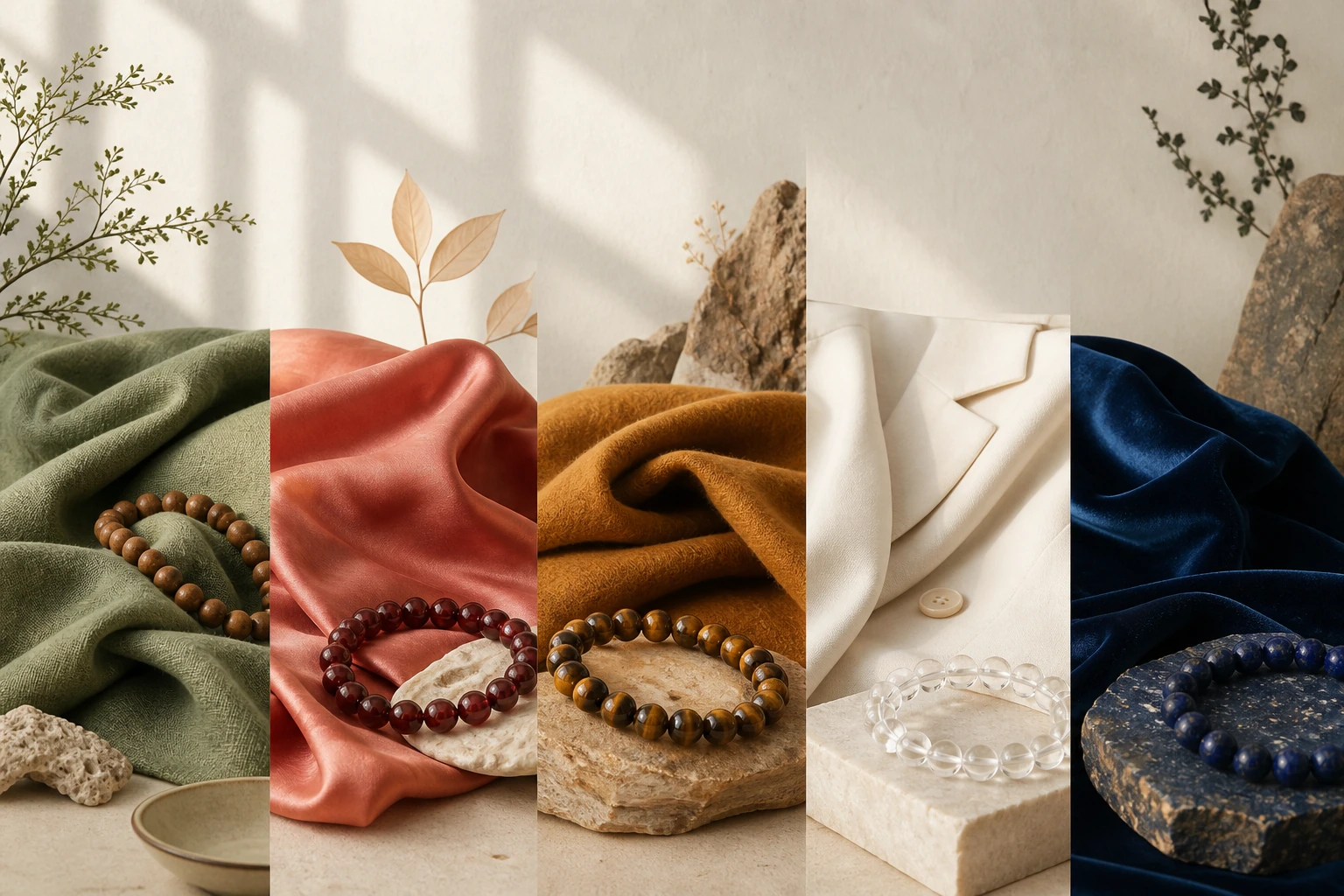 Five Element wardrobe palette using green, coral, ochre, silver, and deep blue materials