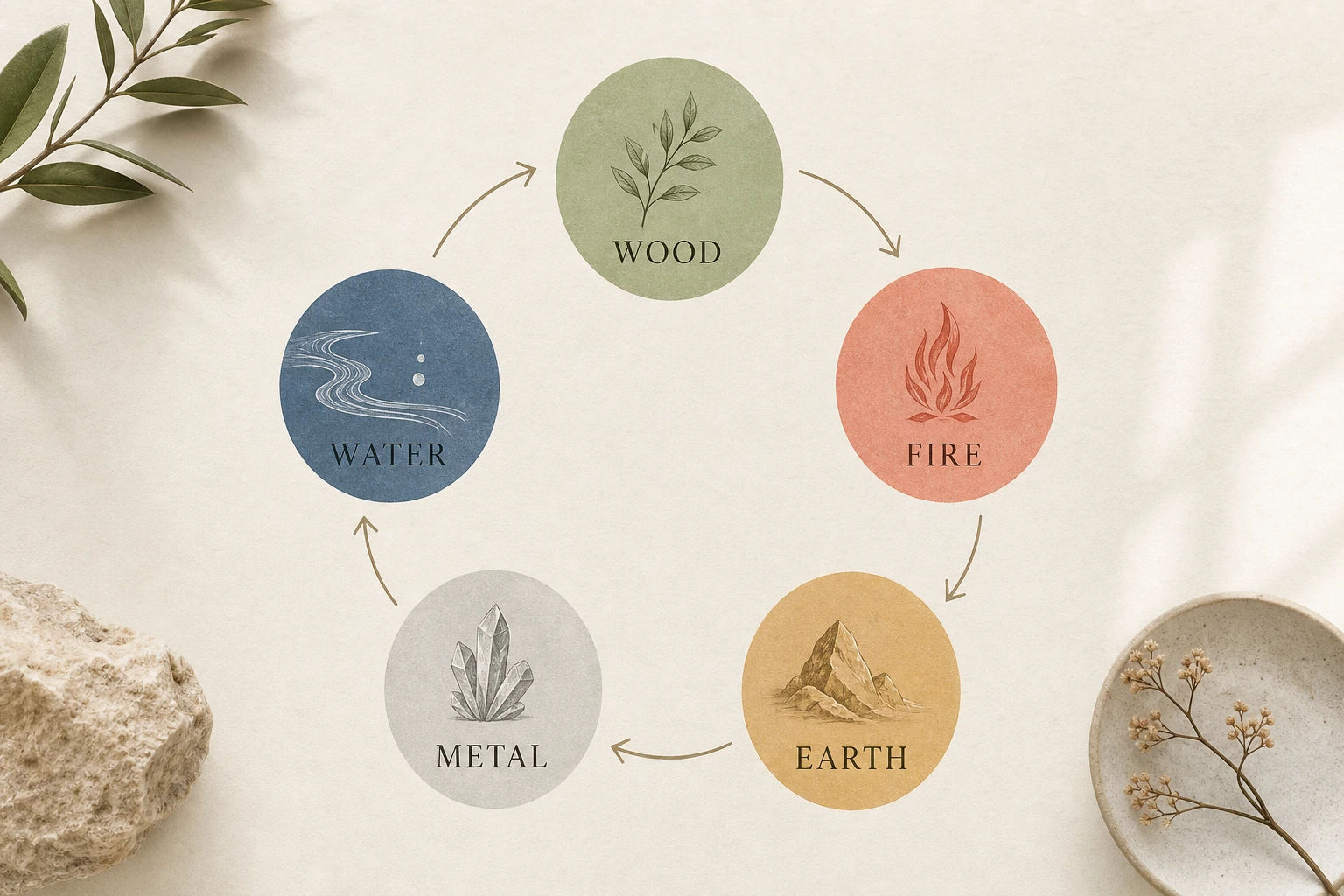 Five Element generating cycle shown in soft green, coral, ochre, silver, and blue