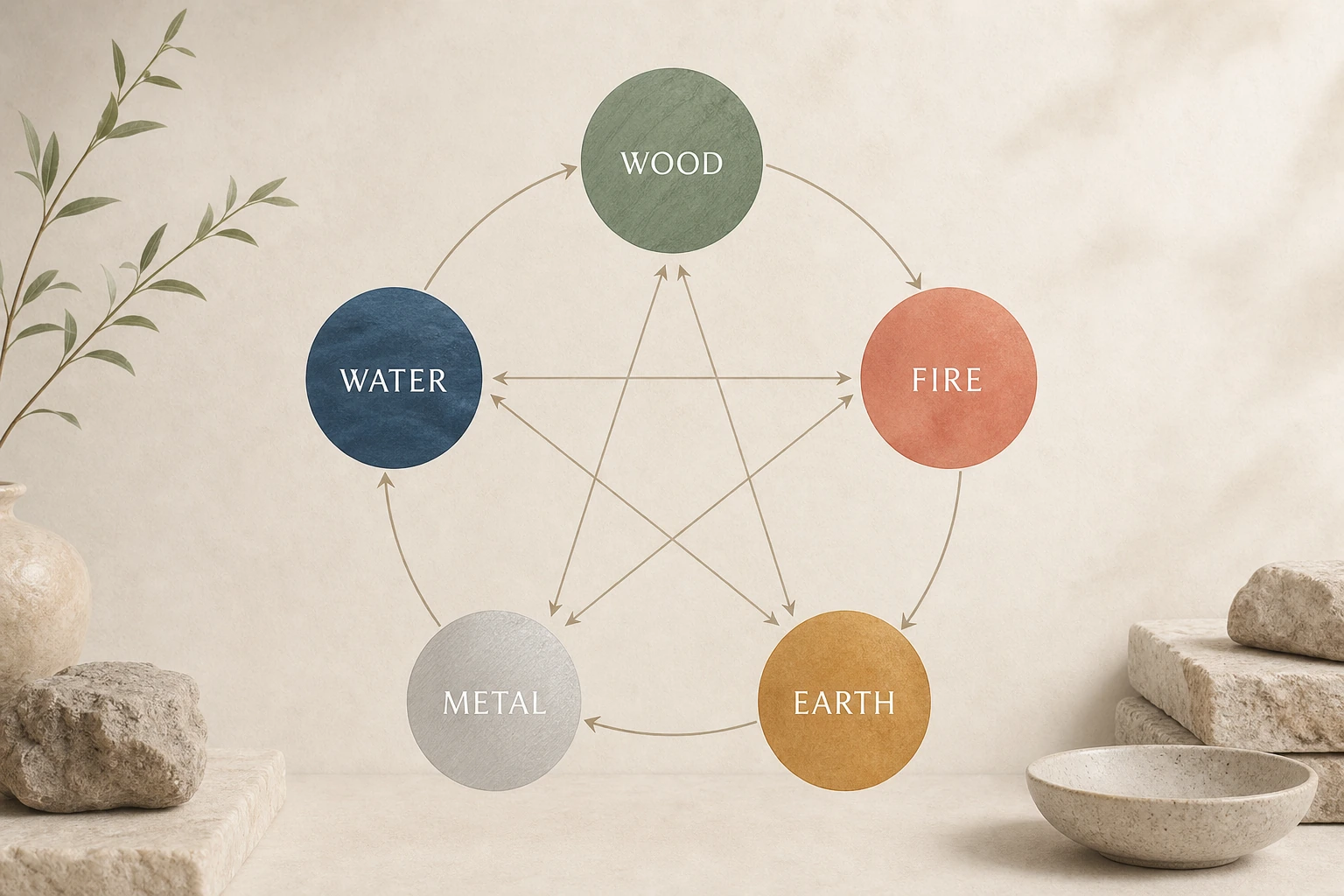 Five Element controlling cycle diagram with calm English labels