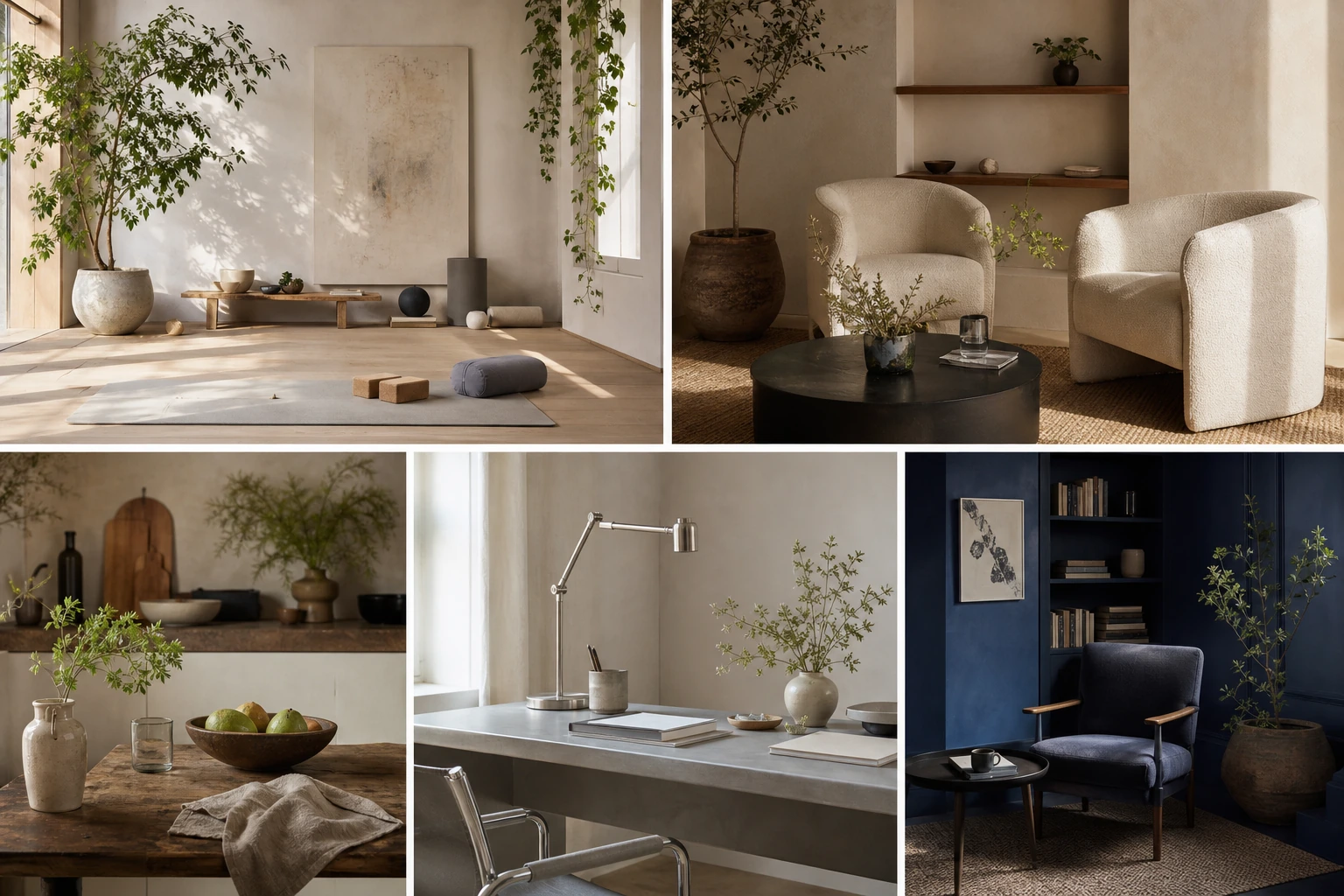 Five calm interior vignettes inspired by Wood, Fire, Earth, Metal, and Water