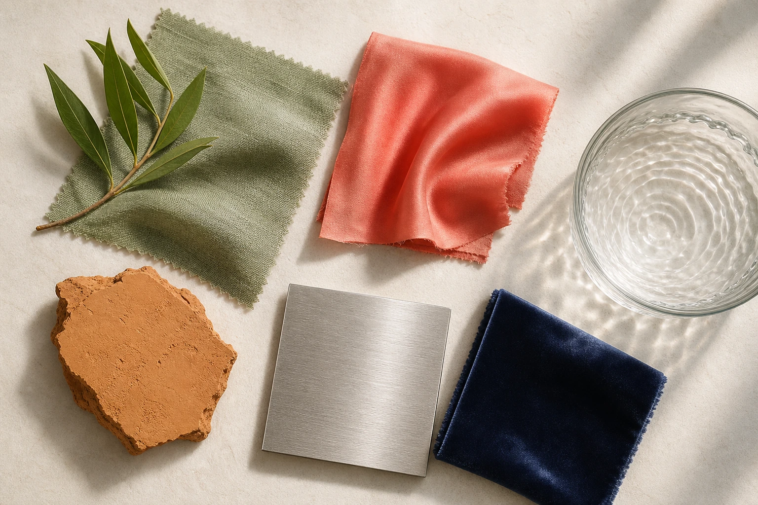 Element-inspired palette of green linen, coral silk, ochre clay, silver metal, and deep blue velvet