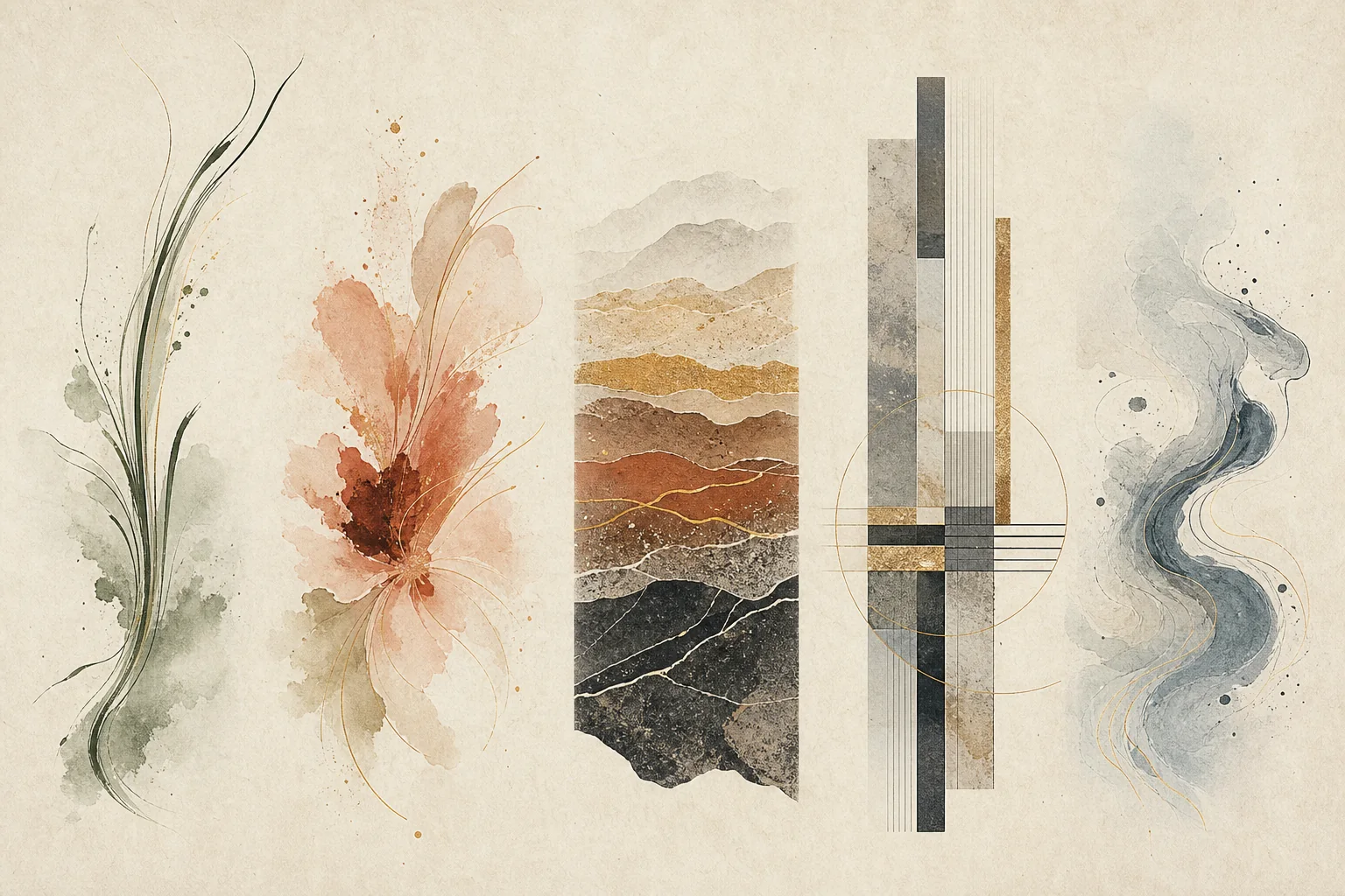 Five abstract movement studies representing Wood, Fire, Earth, Metal, and Water.