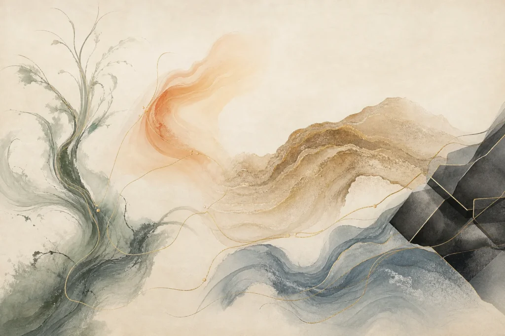 Abstract interpretation of Wood, Fire, Earth, Metal, and Water as interconnected natural movements.