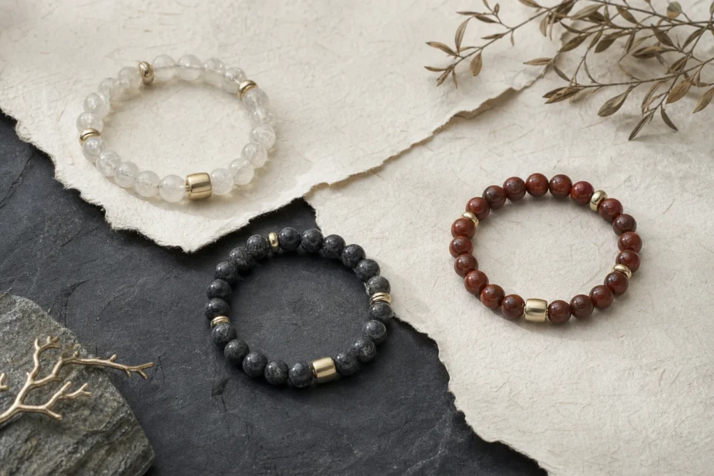 Three natural-stone bracelets arranged on layered handmade paper and dark stone.