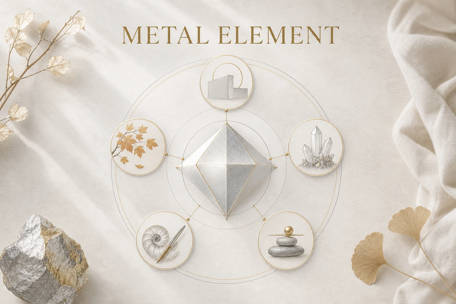 English visual wheel showing the symbolic qualities of the Metal Element