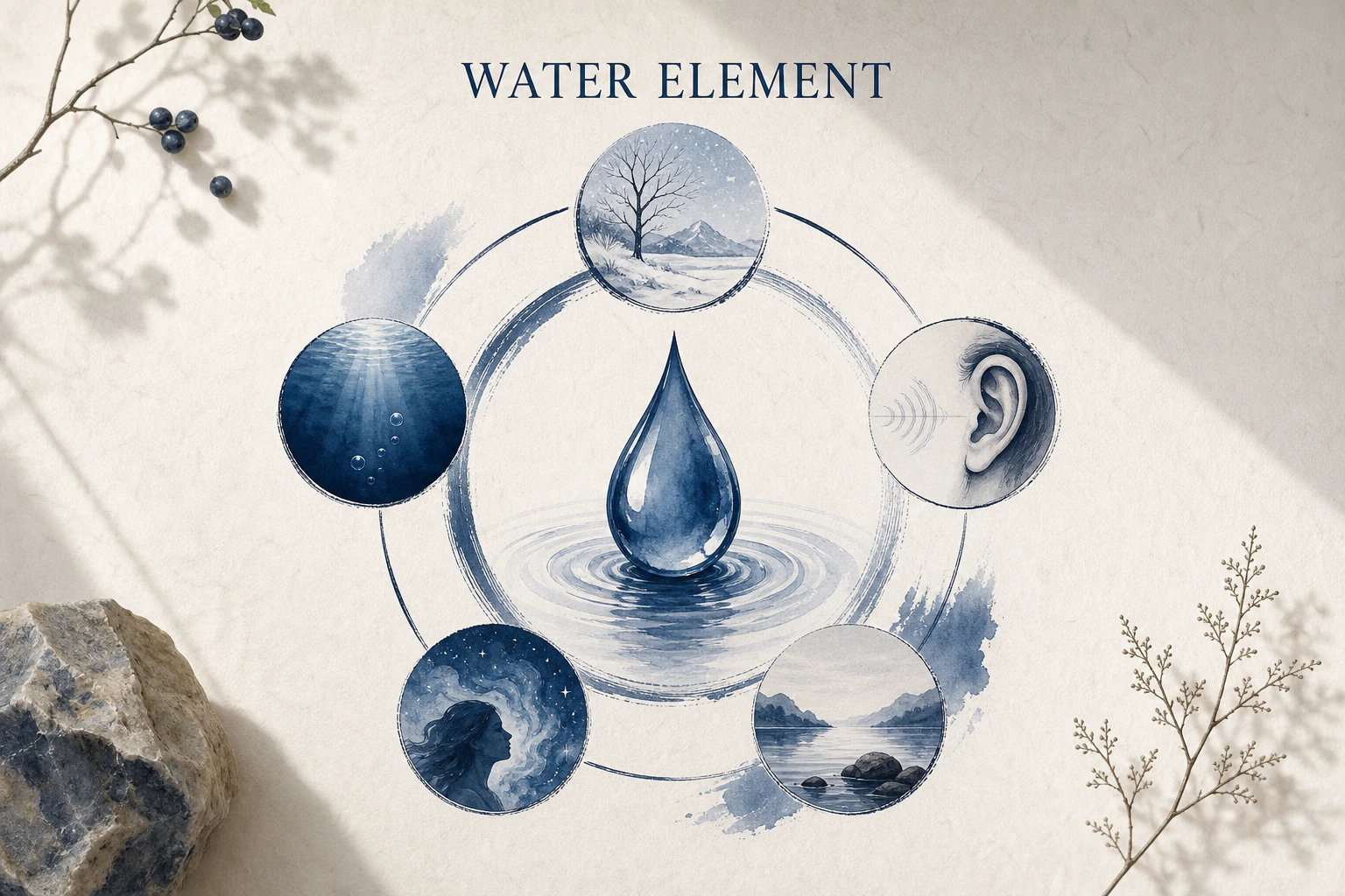 English visual wheel showing the symbolic qualities of the Water Element