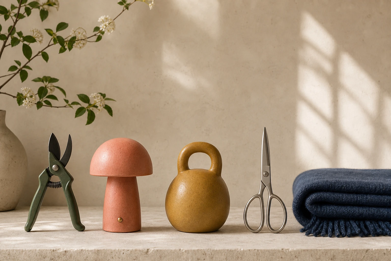 Five everyday tools representing Wood, Fire, Earth, Metal, and Water qualities