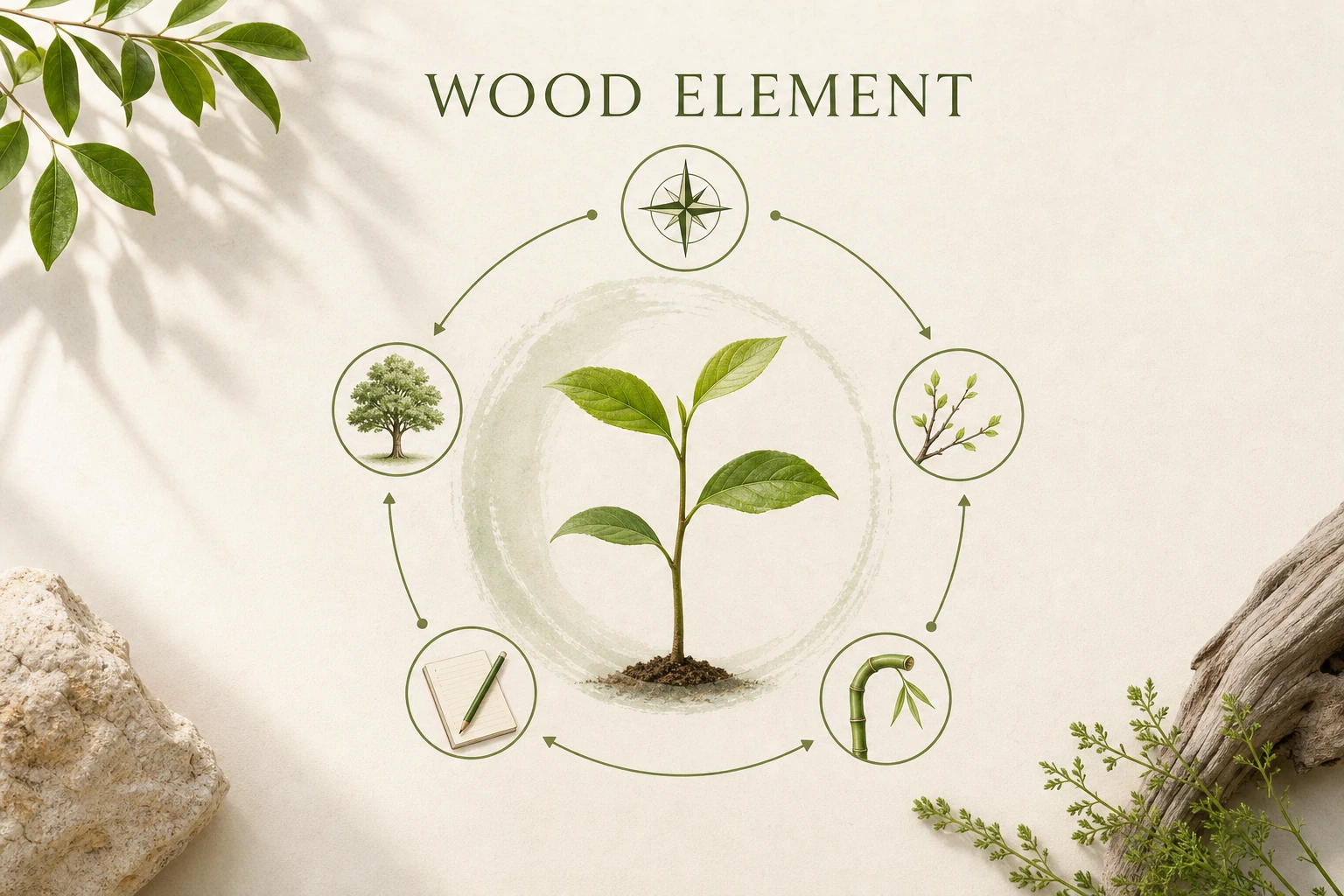 English visual wheel showing the symbolic qualities of the Wood Element