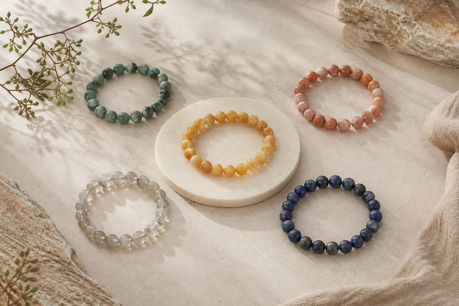 Five understated crystal bracelets used as symbolic intention cues